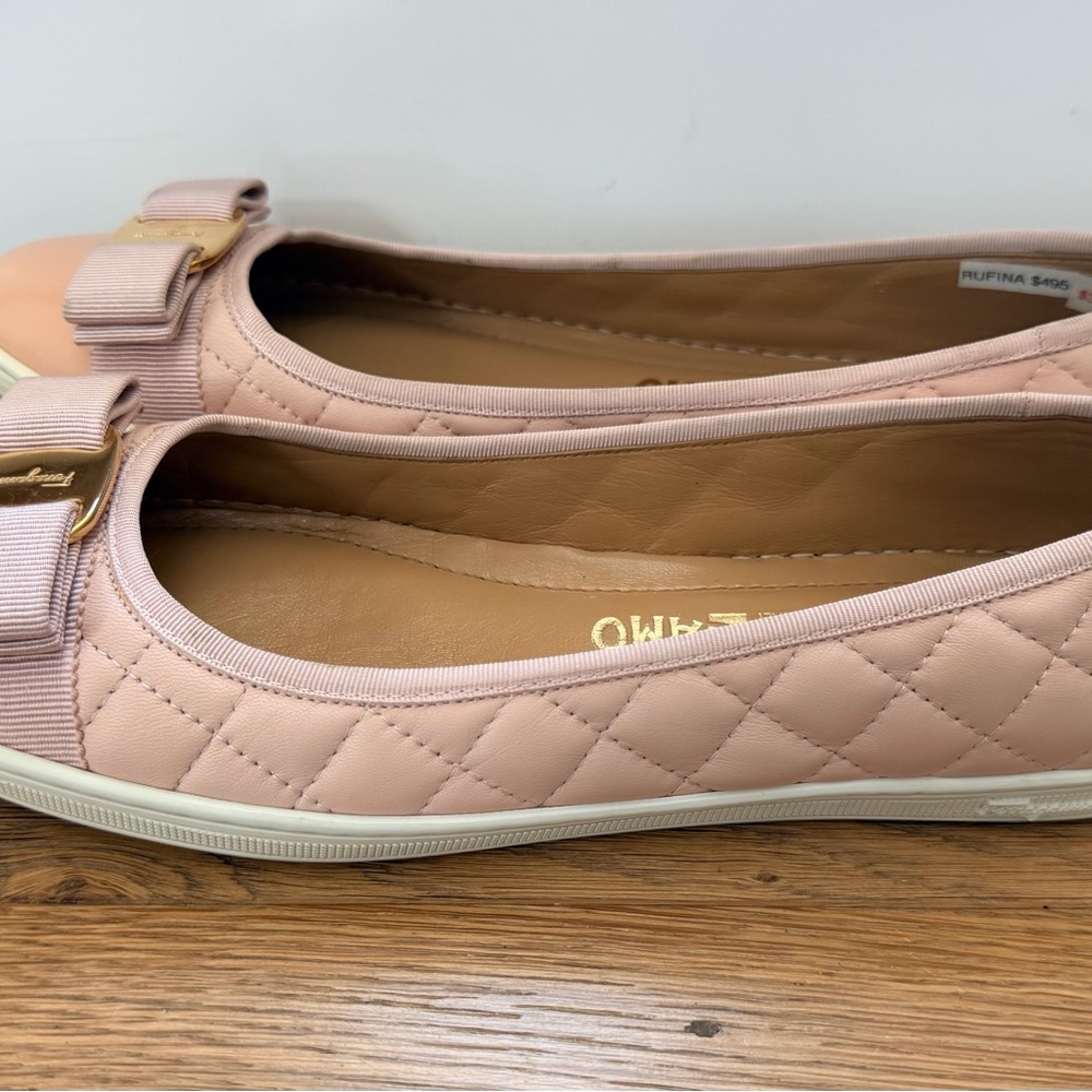 Salvatore Ferragamo Rufina Pink Quilted Leather Cap Toe Flats 8.5 B Bow Italy